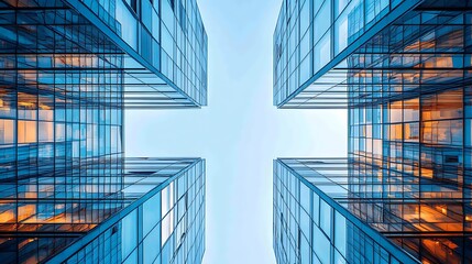 Wall Mural - Aerial view of modern glass skyscrapers reflecting the sky and urban environment at sunset