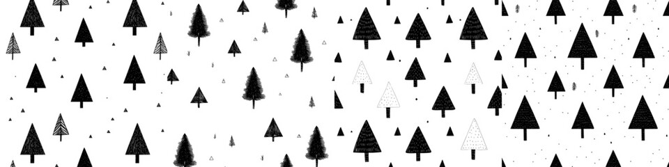A seamless forest pattern that is hand drawn, presented in a modern illustration style