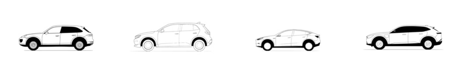 A hand drawn modern line art of a sedan car is depicted in monochrome illustration as a sedan car line art modern icon