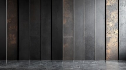 Wall Mural - Dark moody metal wall panels subtly textured reflecting soft light. AI Generated