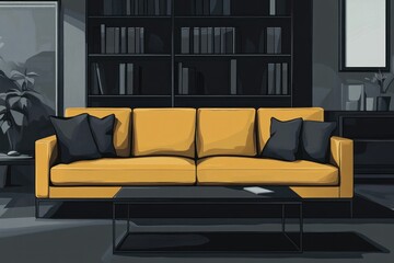 Wall Mural - Mustard sofa, dark living room, bookshelf, plant, relaxation