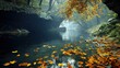 © kossafi - Autumn leaves floating in tranquil stream enchanted forest landscape photography misty morning serene nature scene