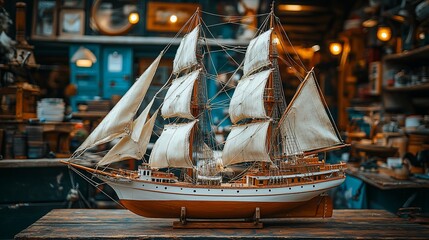 Antique Ship Model at Market, Wooden Craft, Warm Lighting, Vintage Decor, Home Decor