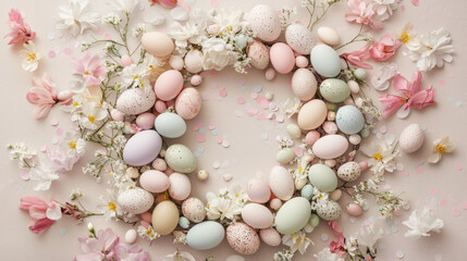 Wall Mural - Pastel Easter wreath made of eggs and flowers, creating soft and festive decoration