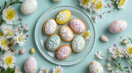 Wall Mural - Easter themed cookies with floral designs on pastel plate surrounded by flowers and eggs