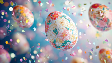 Wall Mural - Colorful floral patterned Easter eggs floating with confetti in festive atmosphere