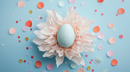 Wall Mural - Pastel blue speckled egg rests on soft white petals, surrounded by colorful confetti