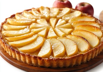 Wall Mural - Delicious freshly baked apple tart with golden sliced apples arranged beautifully on a wooden board with red apples in the background