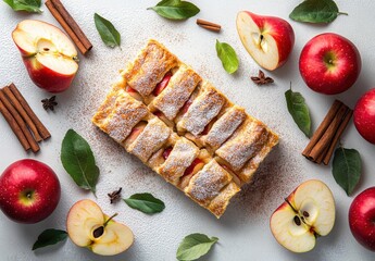 Wall Mural - Delicious homemade apple pastry dessert with cinnamon garnished with fresh apples, spices, and green leaves arranged artistically on a light surface