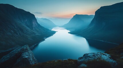 Wall Mural - Serene twilight illuminates deep fjord valley majestic mountains. AI Generated