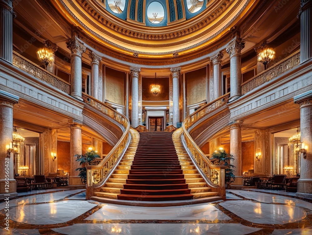 Stunning Grand Hotel Lobby with Spiraling Staircase and Dome Stock ...