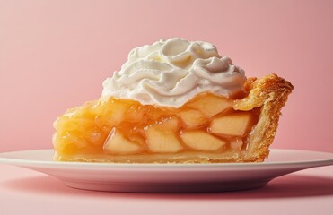 Wall Mural - Delicious slice of apple pie topped with creamy whipped cream on a pristine white plate against a soft pastel pink background