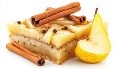 Wall Mural - Delicious Slice of Pear Dessert Topped with Cinnamon Sticks and Fresh Pear Slices Against a Bright White Background