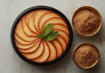 Wall Mural - Deliciously arranged dessert with apple slices, mint leaf, and brown sugar in elegant bowls on marble surface for culinary stock photography