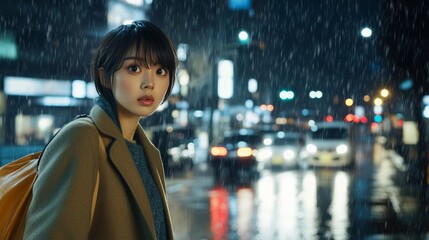 Poster - A beautiful japanese woman in a coat strolling through a rainy city night without an umbrella