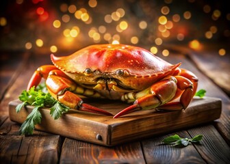 Close-up Freshly Cooked Dungeness Crab on Wooden Board - Long Exposure Stock Photo