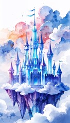 Wall Mural - A Transparent Crystal Castle in the Clouds watercolor in Fantasy & Abstract on plain white background