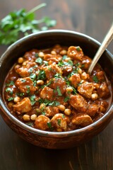 Wall Mural - Chicken stew with chickpeas in a bowl. Brown surface and herbs in the background