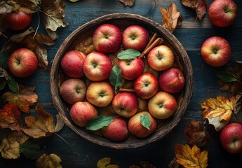 Poster - Fresh Red Apples with Cinnamon Sticks and Autumn Leaves in a Wooden Bowl on a Rustic Tabletop for Seasonal Lifestyle Themes