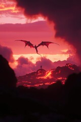 Wall Mural - Dragon soars during vibrant sunset over mountains, ideal for fantasy book cover