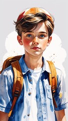 Wall Mural - Teenage Boy with a Backpack watercolor in Casual Figures on plain white background