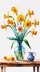 Canvas Print - Vase of Daffodils on a Table watercolor in Spring Still Life on plain white background