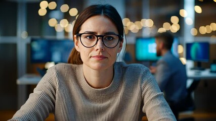 Female programmer concentrating on a project in a modern office setting, with code displayed on screens and a blurred background of colleagues video 4k