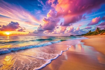 Wall Mural - Serene Pink Sand Beach: Pastel Sky, Gentle Waves, Tropical Paradise