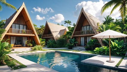 Wall Mural - modern tropical resort-style setting featuring three distinct A-frame wooden structures with steeply pitched roofs.