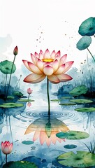 Wall Mural - A Floating Lotus Above a Tranquil Pond watercolor in Fantasy & Abstract on plain white background