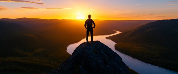 Canvas Print - Man on peak, sunset river view, peaceful landscape, travel brochure