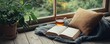 © Watcharaphon - World sleep day with relaxation and pillow idea. Cozy reading nook with tea, book, pillow, and plants by window.