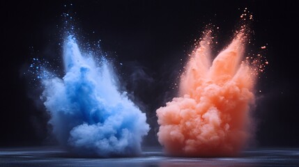 Wall Mural - Vibrant blue and orange powder explode dramatically against dark background. AI Generated