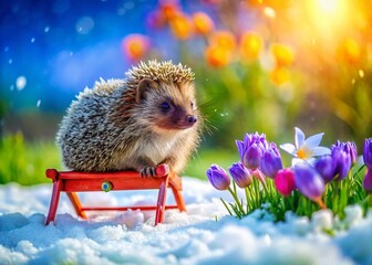 Wall Mural - Cute Hedgehog on Snowy Meadow with Crocuses and Red Sled - Spring Scene