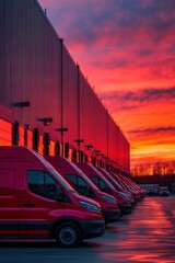 Wall Mural - ** Fleet of Red Delivery Vans Parked at Distribution Center During Vibrant Sunset with Dramatic Sky and Reflections on Wet Pavement..**