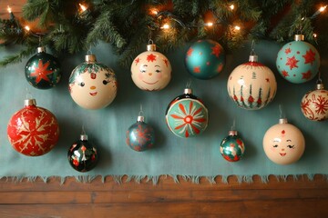 Wall Mural - colorful christmas balls hanging from fir branches with string lights illuminating a wooden table