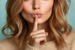 © Gatherina - Blonde woman holding finger on lips making silence gesture
