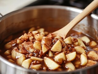 Wall Mural - Warm Cinnamon Apple Dessert with Walnuts Being Stirred in a Large Pot on a Stove, Ideal for Cozy Autumn Gatherings and Holiday Celebrations