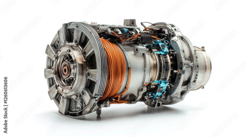 Detailed view of an aircraft engine against white background. Potential ...