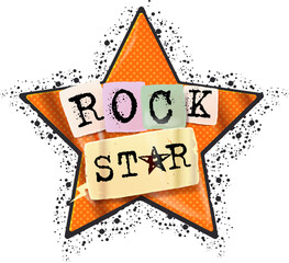 Rock star vector print for t shirt with slogan. Retro halftone paper star and rock star label png stickers for collage and t shirt print. Rockstar sign, symbol and icon