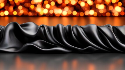 Wall Mural - Elegant black silk drapes dramatically against warm bokeh lights. AI Generated