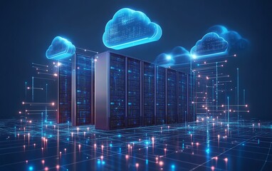 a virtual network of connected servers and cloud systems, flowing data and glowing digital nodes, re