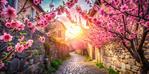 Wall Mural - Double Exposure: Blossoming Peach Trees & Dreamy Alleyway