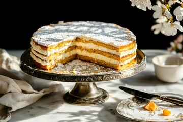 Wall Mural - Layered cake with cream & fruit on stand, eaten dessert, flowers background, recipe