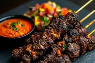 Wall Mural - Grilled meat skewers with spicy sauce and colorful salad served on black stone