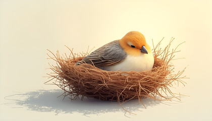 Wall Mural - Cute bird resting in a cozy nest made of twigs with a soft background