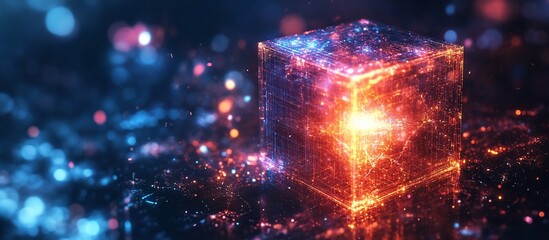 Wall Mural - glowing abstract cube surrounded by vibrant particles in a futuristic digital landscape