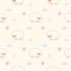 Wall Mural - Sheep cartoon so cute. On balloon cloud star background. Pattern seamless vector illustration. 