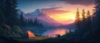 © Sunshine - Scenic Mountain Landscape with Tent by Lake at Sunrise, Capturing Tranquil Wilderness and Natural Beauty in a Serene Outdoor Setting