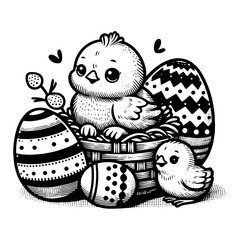 Wall Mural - retro-style easter sketch of baby birds and holiday eggs